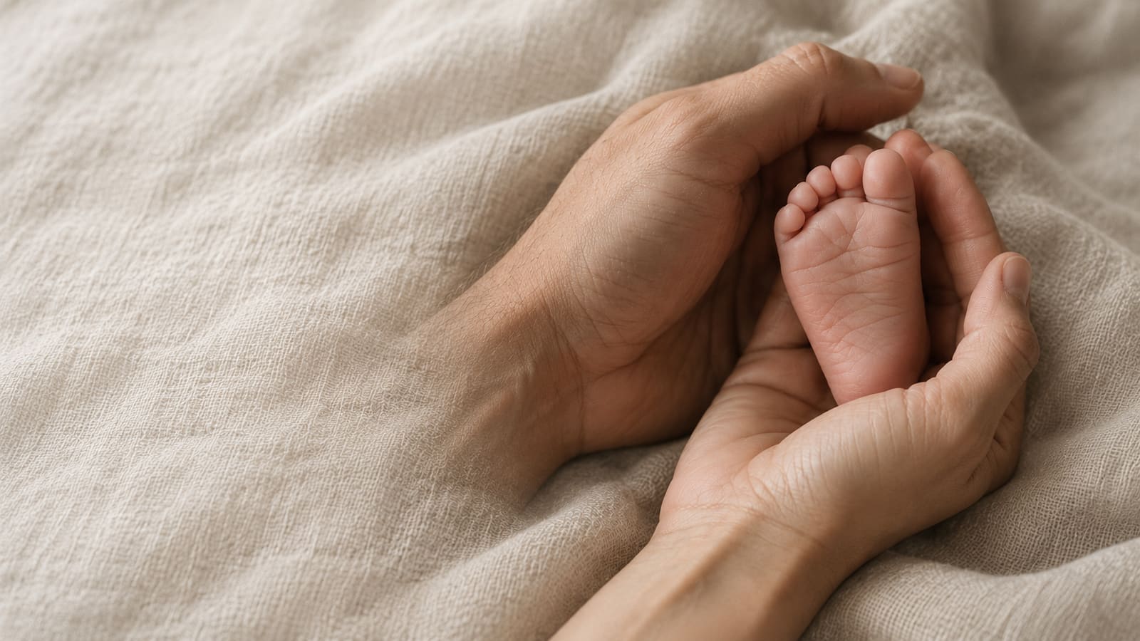 A parent’s hands cradling a newborn’s feet on soft linen