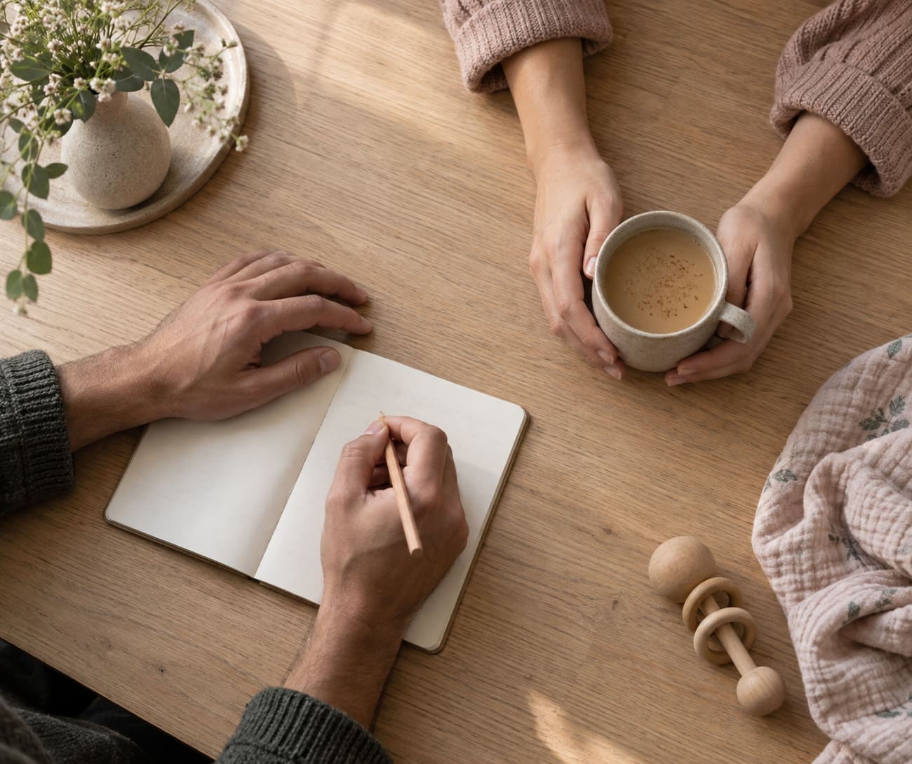 Two parents at a kitchen table, one writing in a notebook, one holding tea